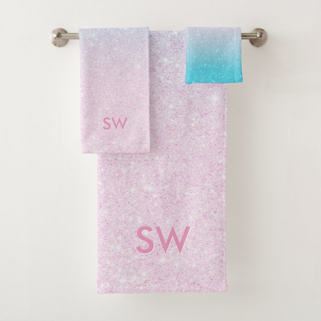 Pink and Turquoise Glitter Ombre Bath Towel Set (Insitu)