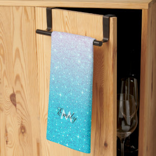 Pink and Turquoise Glitter Ombre Kitchen Towel