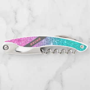 Pink and turquoise glitter ombre monogram corkscrew