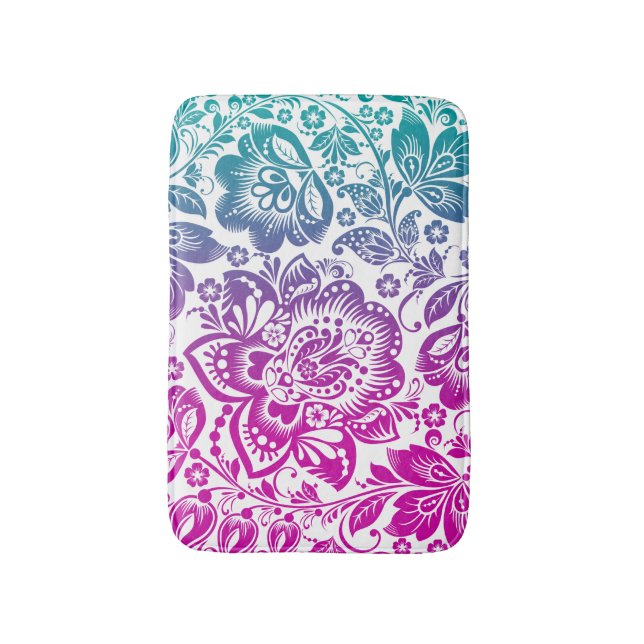 Pink And Turquoise Gradient Floral Damask Bath Mat (Front Vertical)