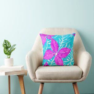 Pink and Turquoise Leafy Pattern Throw Pillow