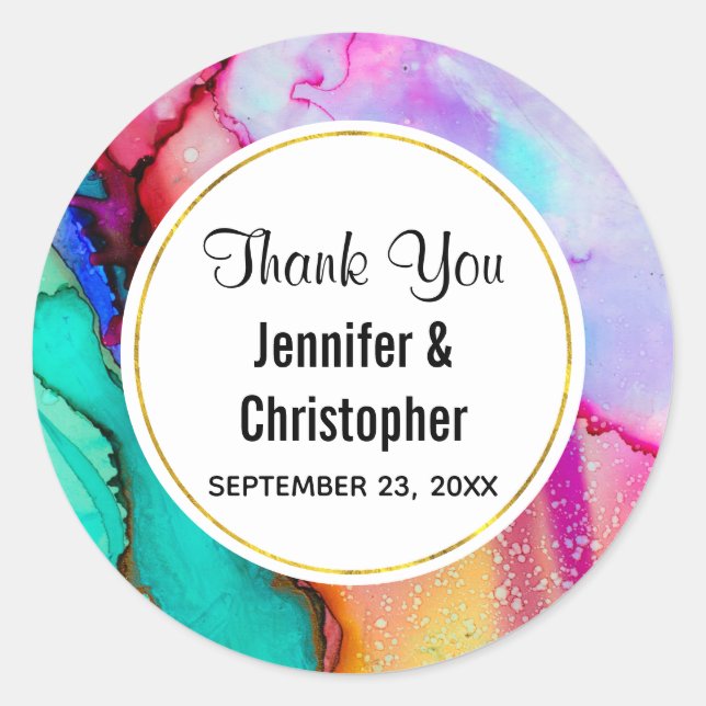 Pink and Turquoise Marble Abstract Watercolor Classic Round Sticker (Front)