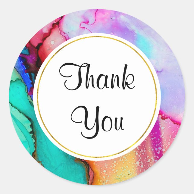 Pink and Turquoise Marble Abstract Watercolor Classic Round Sticker (Front)