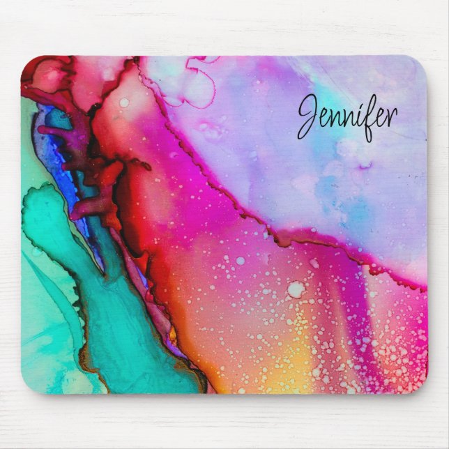 Pink and Turquoise Marble Abstract Watercolor Mouse Pad (Front)