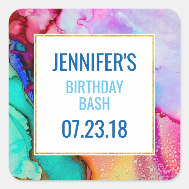 Pink and Turquoise Marble Abstract Watercolor Square Sticker (Front)