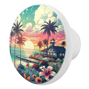 Pink and Turquoise Paradise   Beach Art Ceramic Knob