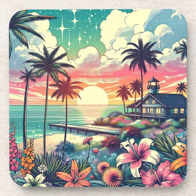 Pink and Turquoise Paradise | Beach Art Coaster (Front)