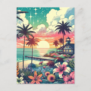 Pink and Turquoise Paradise   Beach Art Postcard