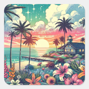 Pink and Turquoise Paradise   Beach Art Square Sticker