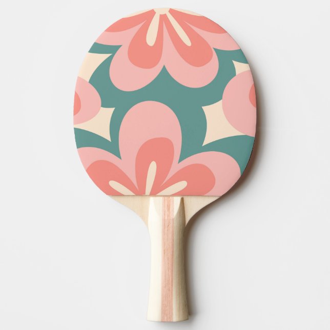 Pink and turquoise retro style flowers ping pong paddle (Front)