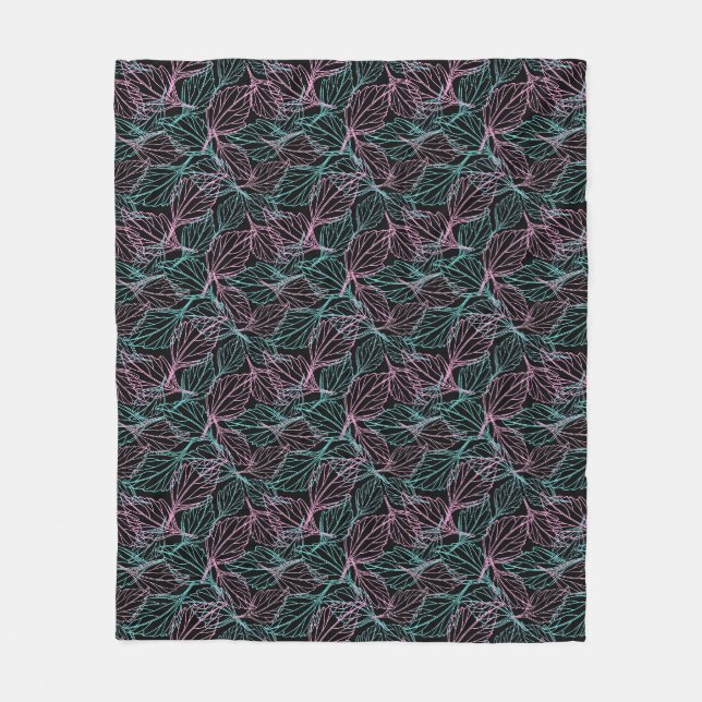 Pink and turquoise stylized leaves black Pattern  Fleece Blanket (Front)