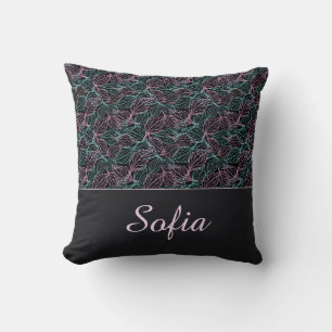 Pink and turquoise stylized leaves black Pattern Throw Pillow