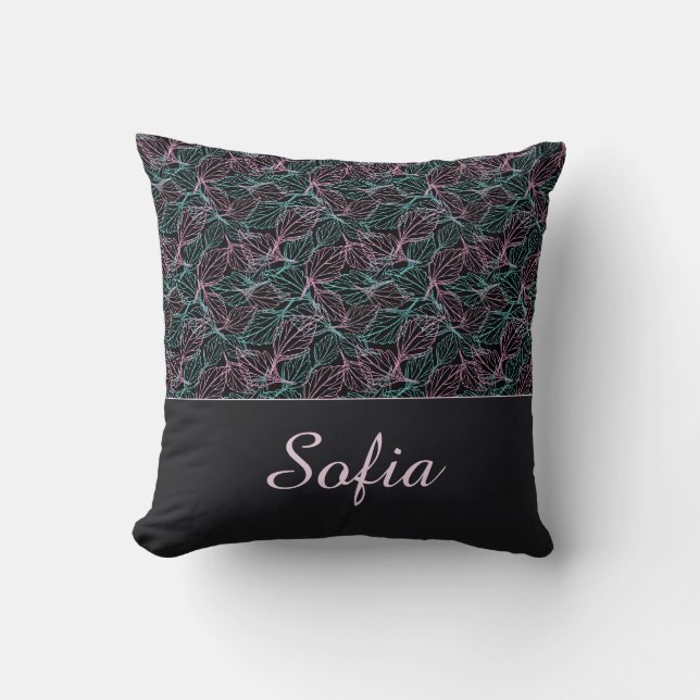 Pink and turquoise stylized leaves black Pattern  Throw Pillow (Front)