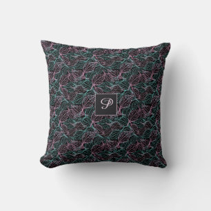 Pink and turquoise stylized leaves black Pattern Throw Pillow