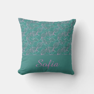 Pink and turquoise stylized leaves blue Pattern Throw Pillow