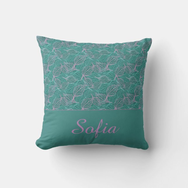 Pink and turquoise stylized leaves blue Pattern  Throw Pillow (Front)