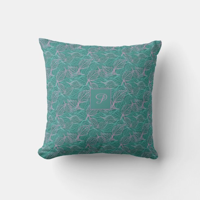 Pink and turquoise stylized leaves blue Pattern  Throw Pillow (Front)