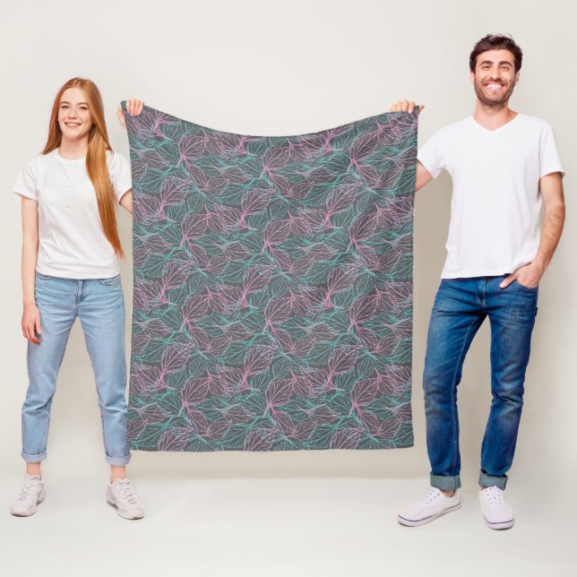 Pink and turquoise stylized leaves  grey Pattern  Fleece Blanket (In Situ)