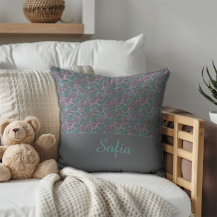Pink and turquoise stylized leaves grey Pattern Throw Pillow