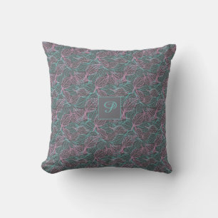Pink and turquoise stylized leaves grey Pattern Throw Pillow