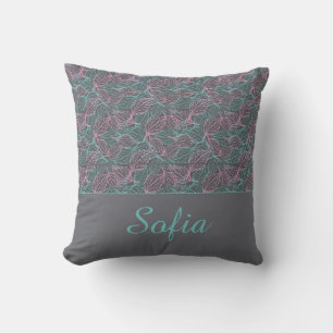 Pink and turquoise stylized leaves grey Pattern Throw Pillow