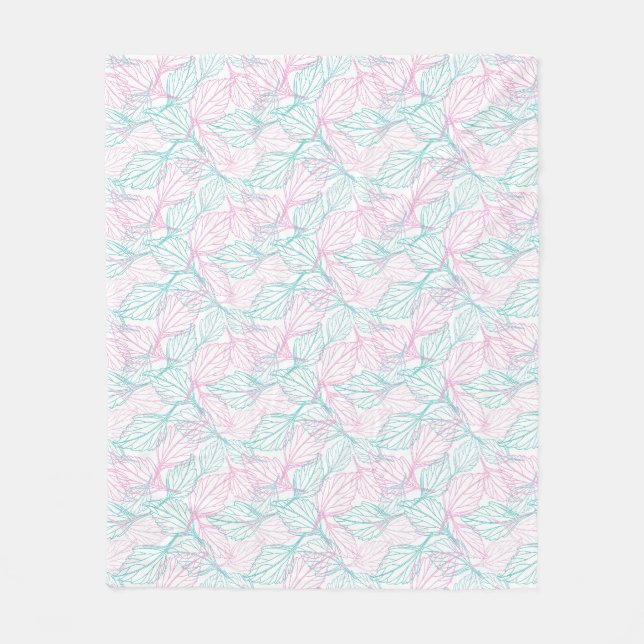 Pink and turquoise stylized leaves white Pattern  Fleece Blanket (Front)
