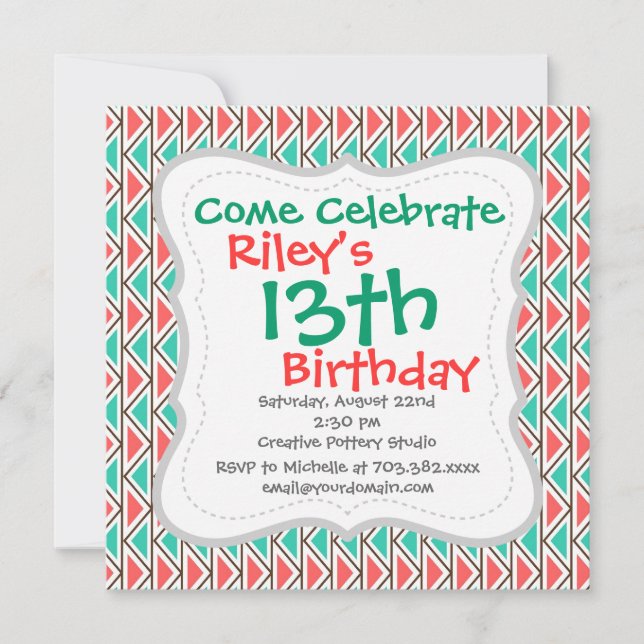 Pink and Turquoise Triangle Aztec Tribal Pattern Invitation (Front)