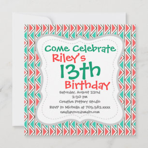 Pink and Turquoise Triangle Aztec Tribal Pattern Invitation