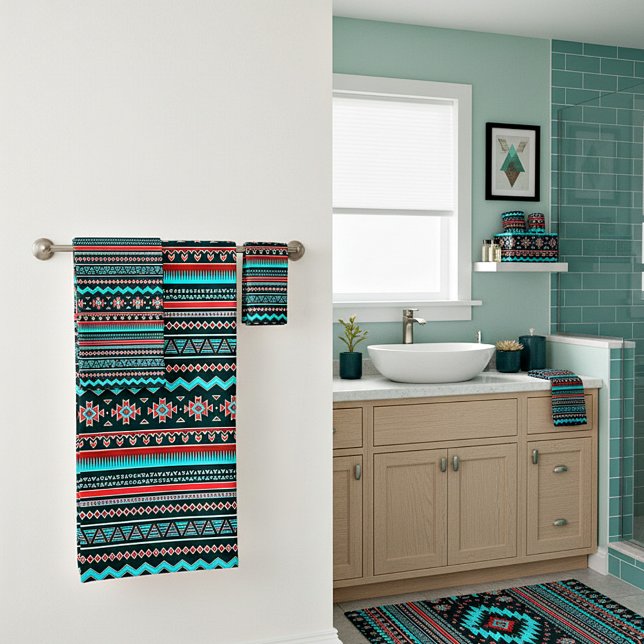 Pink and turquoise tribal bath towel set (Creator Uploaded)