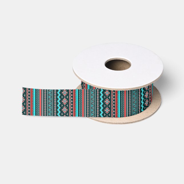 Pink and turquoise tribal satin ribbon (Spool)