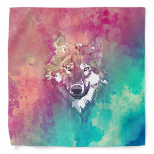 Pink And Turquoise Watercolor Artistic Wolf Bandana