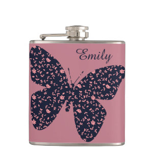 Pink and Violet Floral Butterfly Personalised Hip Flask