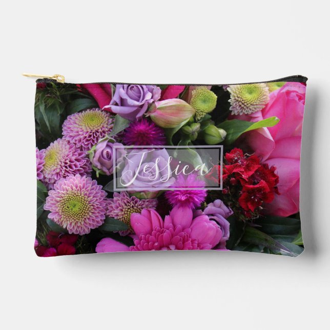 Pink and Violet Flowers Personalised Accessory Pouch (Front)