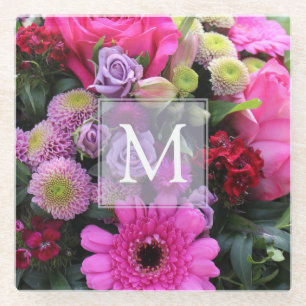 Pink and Violet Flowers Personalised Monogram Glass Coaster