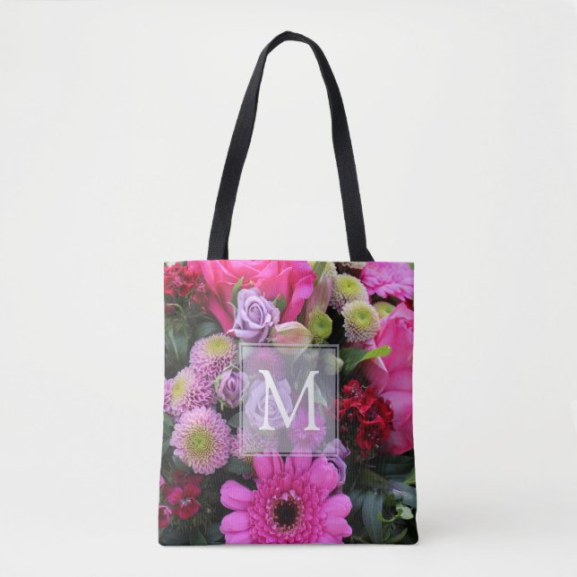 Pink and Violet Flowers Personalised Monogram Tote Bag (Front)