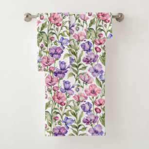 Pink and Violet Sweet Peas Bath Towel Set