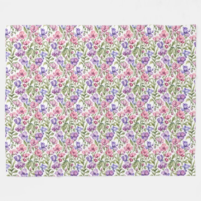 Pink and Violet Sweet Peas Fleece Blanket (Front (Horizontal))