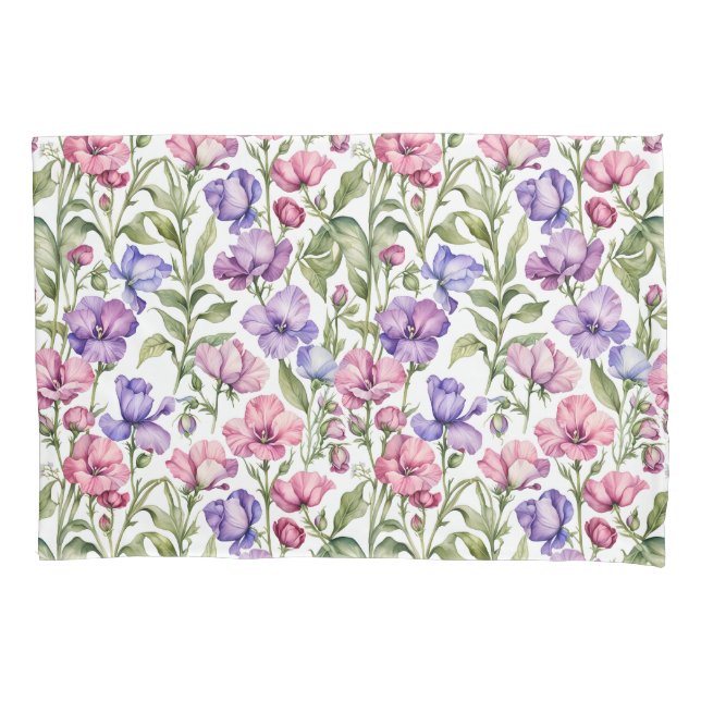 Pink and Violet Sweet Peas Pillowcase (Front)