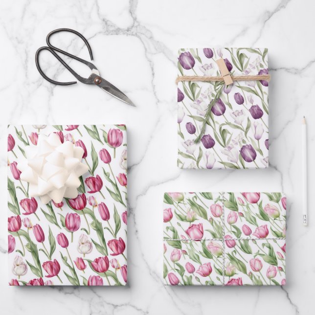 Pink And Violet Vintage Tulips Wrapping Paper Sheet (Front)