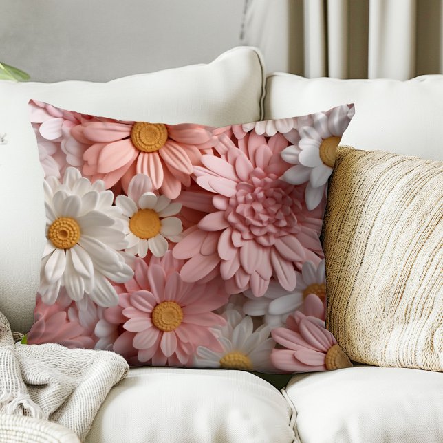 Pink and white 3D daisy flower throw pillow (Creator Uploaded)