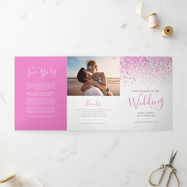 Pink and white abstract art wedding ceremony Tri-Fold programme (Outside)