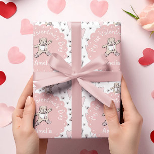 Pink and White Babys 1st Valentines Day Teddy Bear Wrapping Paper