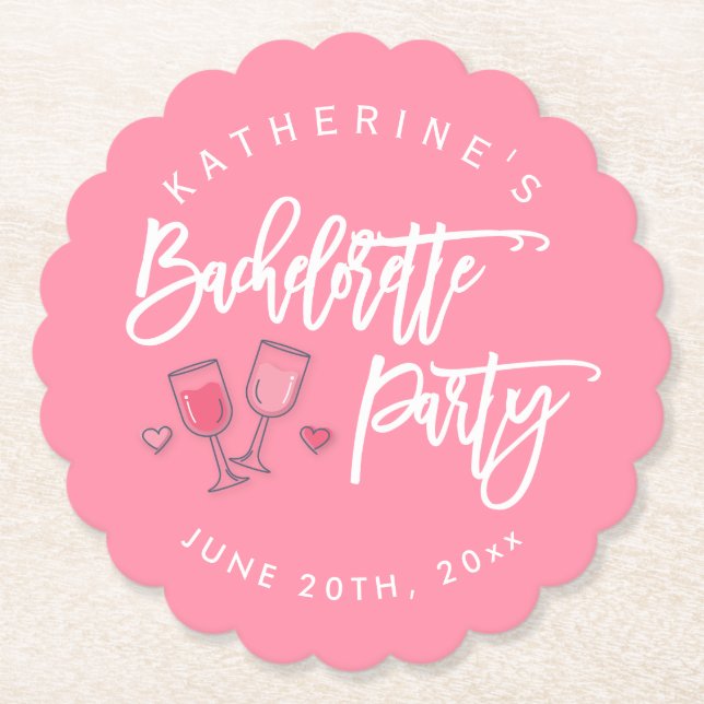 Pink And White Bachelorette Party Paper Coaster (Front)