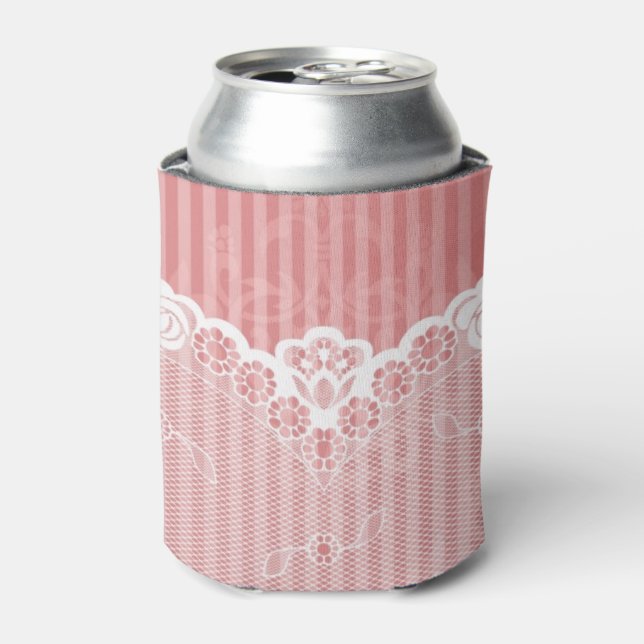 Pink and white background with black lace can cooler (Can Front)