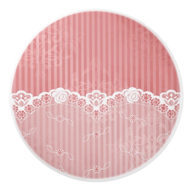 Pink and white background with black lace ceramic knob (Front)