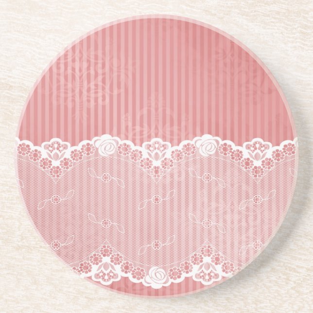 Pink and white background with black lace coaster (Front)