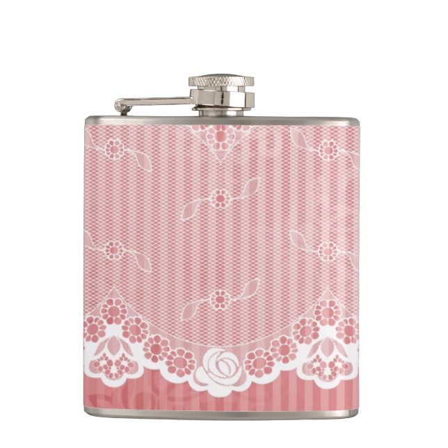 Pink and white background with black lace hip flask (Front)
