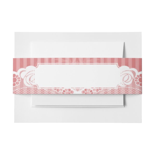 Pink and white background with black lace invitation belly band (Front Example)