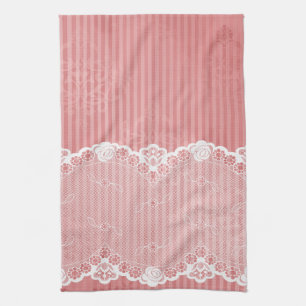 Pink and white background with black lace kitchen towel