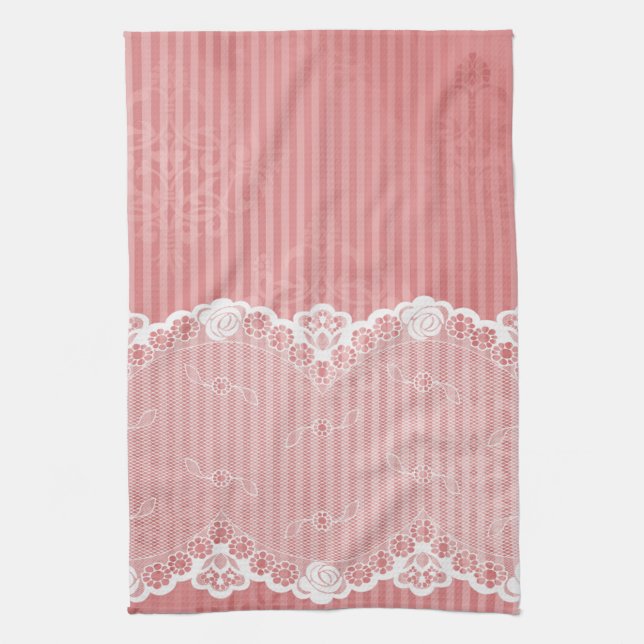 Pink and white background with black lace kitchen towel (Vertical)